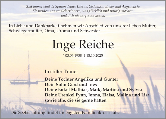 Traueranzeige von Inge Reiche von Ostsee-Zeitung GmbH