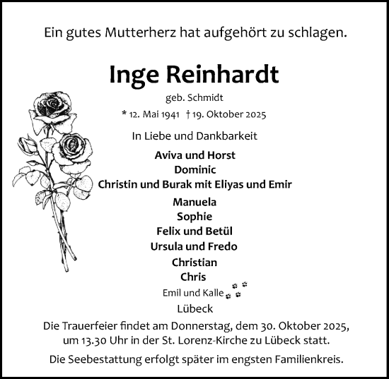 Traueranzeige von Inge Reinhardt von Lübecker Nachrichten