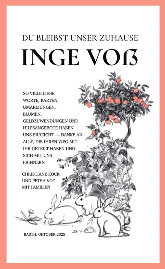 Traueranzeige von Inge Voß von Ostsee-Zeitung GmbH