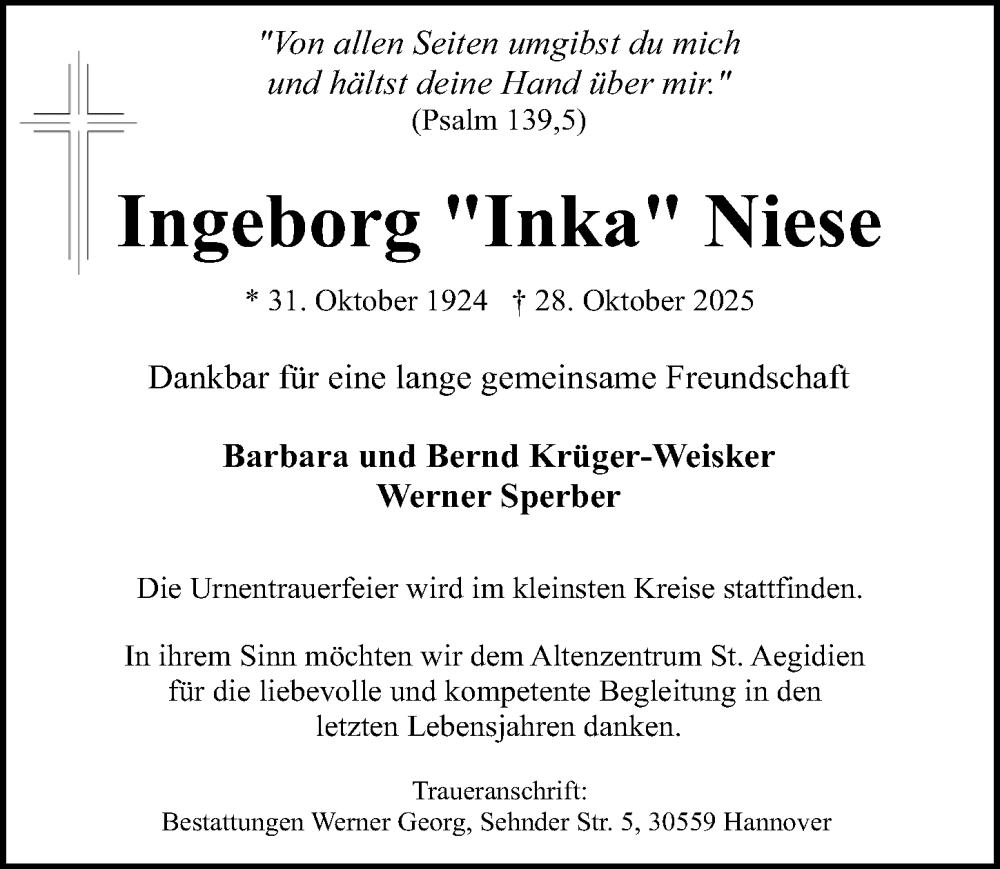  Traueranzeige für Ingeborg Niese vom 01.11.2025 aus Hannoversche Allgemeine Zeitung/Neue Presse