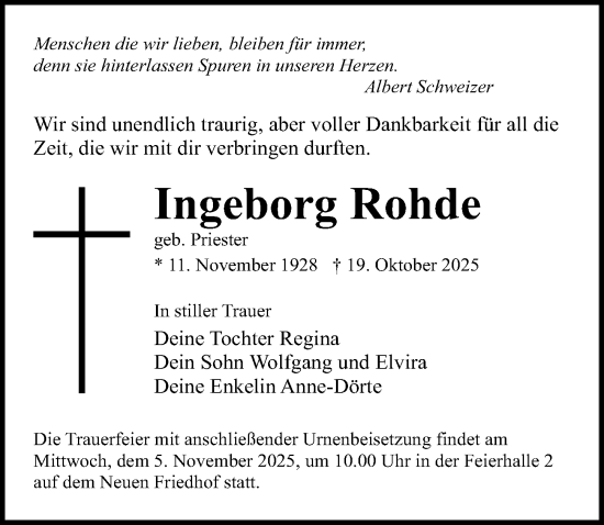 Traueranzeige von Ingeborg Rohde von Ostsee-Zeitung GmbH