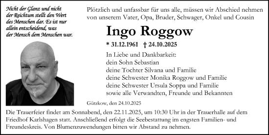 Traueranzeige von Ingo Roggow von Ostsee-Zeitung GmbH