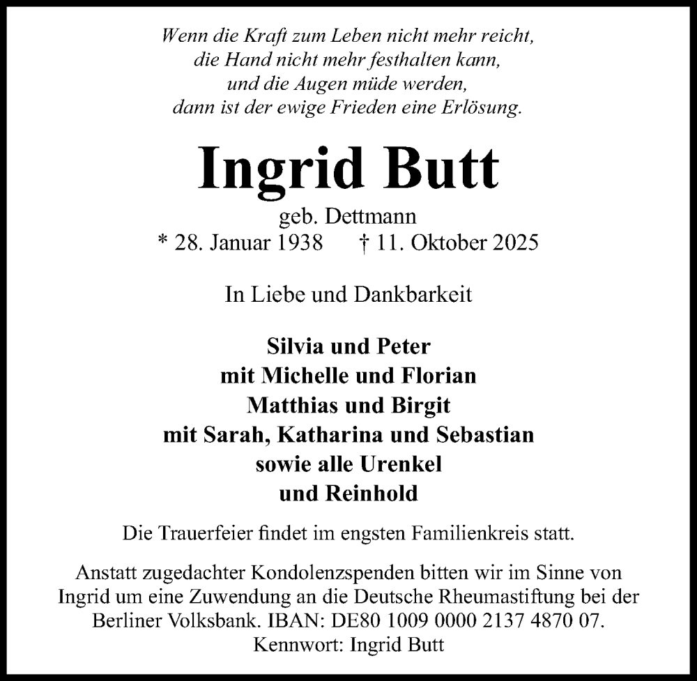  Traueranzeige für Ingrid Butt vom 19.10.2025 aus Lübecker Nachrichten