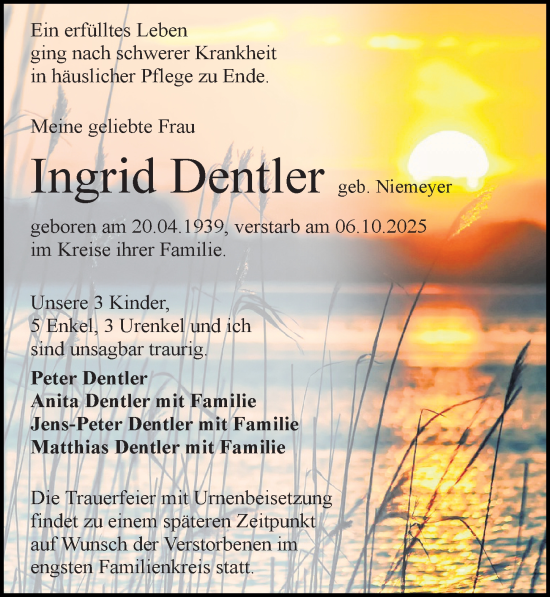 Traueranzeige von Ingrid Dentler von Wochenspiegel