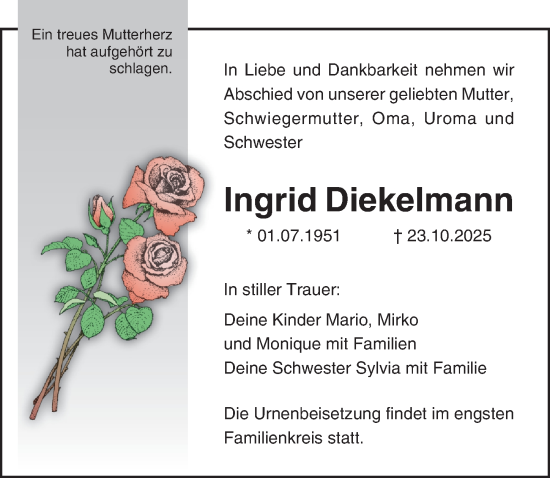 Traueranzeige von Ingrid Diekelmann von Ostsee-Zeitung GmbH