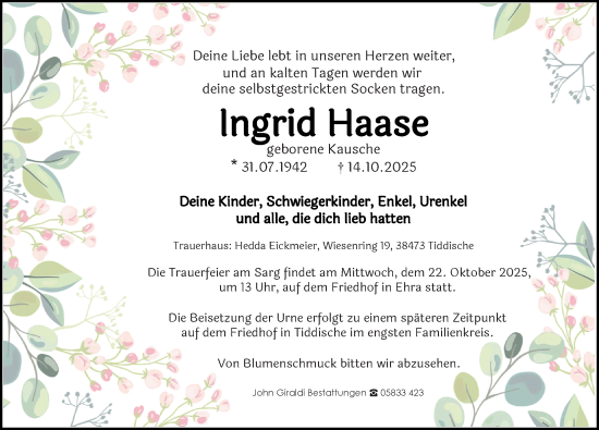 Traueranzeige von Ingrid Haase von Aller Zeitung
