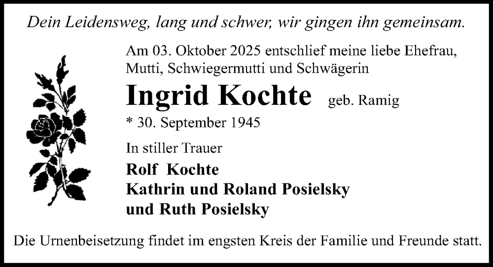  Traueranzeige für Ingrid Kochte vom 18.10.2025 aus Sächsische Zeitung