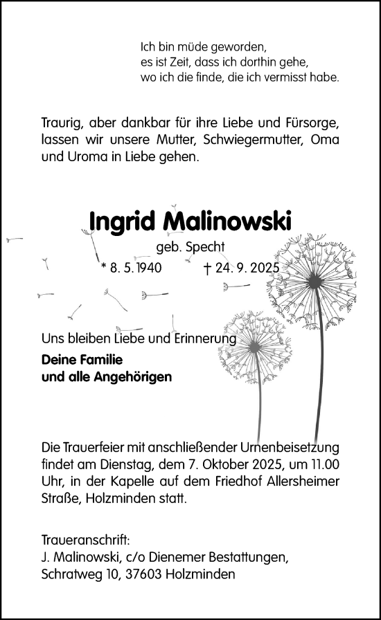 Traueranzeige von Ingrid Malinowski von Täglicher Anzeiger Holzminden