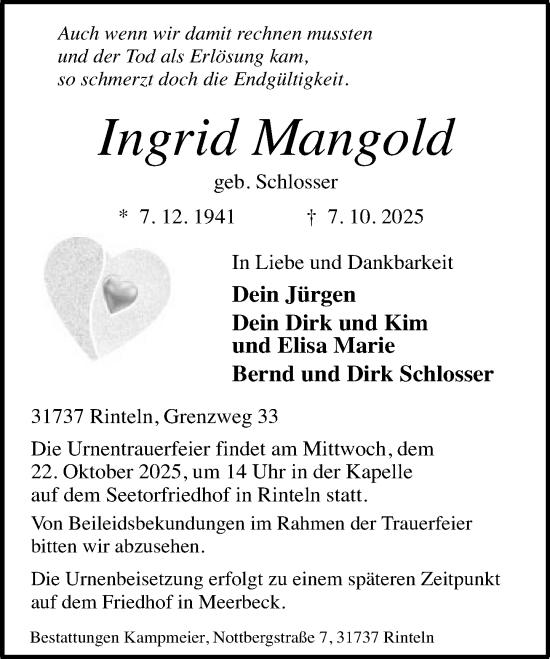 Traueranzeige von Ingrid Mangold von Schaumburger Nachrichten und Schaumburger Zeitung/ Landes-Zeitung