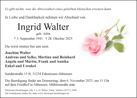 Traueranzeige von Ingrid Walter von Peiner Allgemeine Zeitung