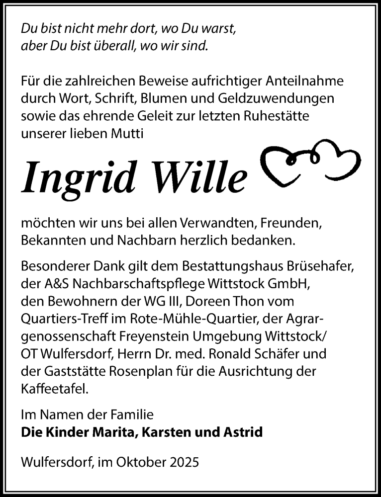  Traueranzeige für Ingrid Wille vom 11.10.2025 aus Wochenspiegel
