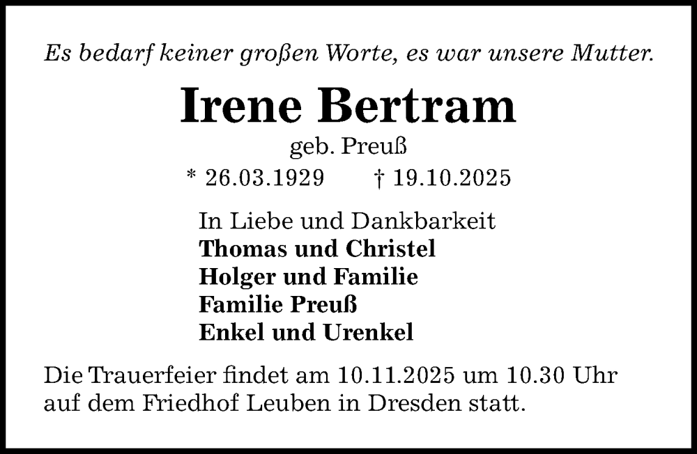  Traueranzeige für Irene Bertram vom 25.10.2025 aus Sächsische Zeitung