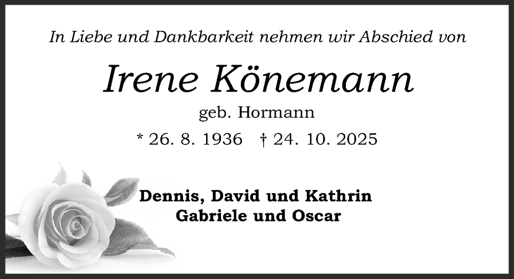  Traueranzeige für Irene Könemann vom 01.11.2025 aus Die Harke