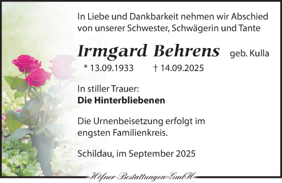 Traueranzeige von Irmgard Behrens von Torgauer Zeitung