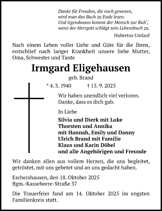 Traueranzeige von Irmgard Eligehausen von Täglicher Anzeiger Holzminden