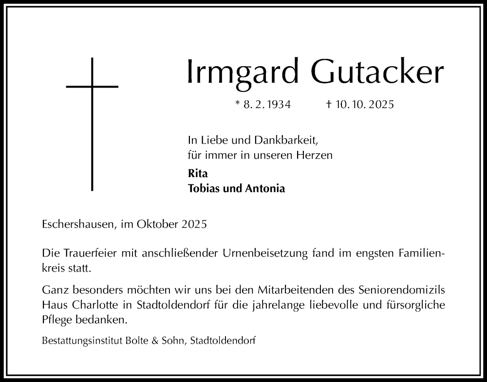 Traueranzeige für Irmgard Gutacker vom 01.11.2025 aus Täglicher Anzeiger Holzminden