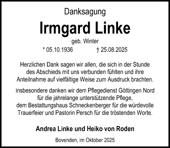 Traueranzeige von Irmgard Linke von Göttinger Tageblatt
