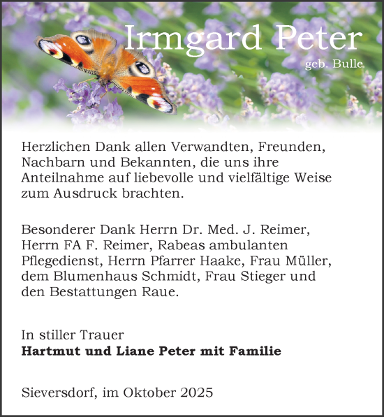 Traueranzeige von Irmgard Peter von Wochenspiegel