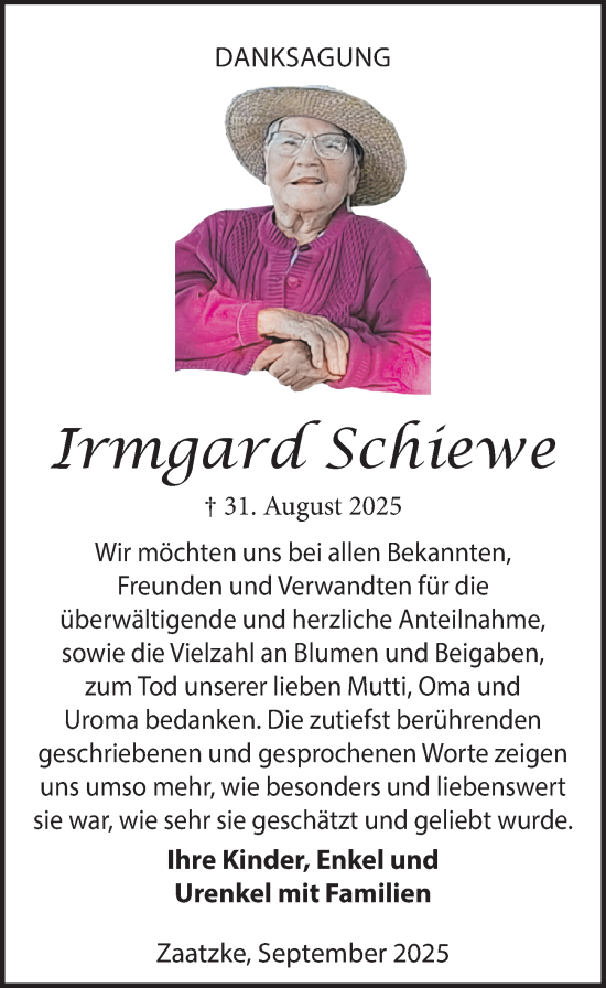 Traueranzeige von Irmgard Schiewe von Wochenspiegel