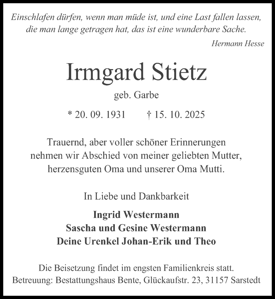  Traueranzeige für Irmgard Stietz vom 25.10.2025 aus Hannoversche Allgemeine Zeitung/Neue Presse