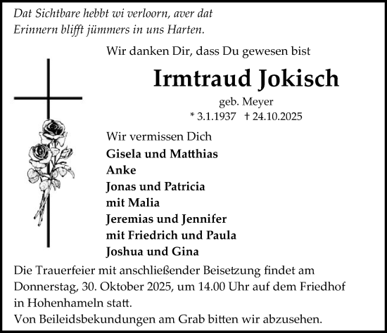Traueranzeige von Irmtraud Jokisch von Peiner Allgemeine Zeitung