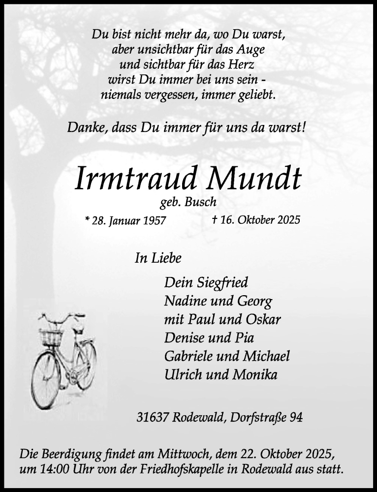  Traueranzeige für Irmtraud Mundt vom 18.10.2025 aus Die Harke