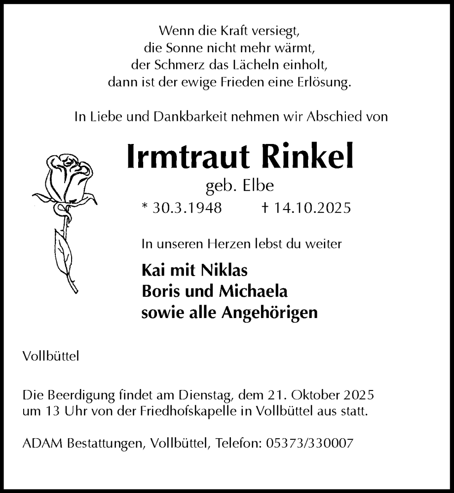  Traueranzeige für Irmtraut Rinkel vom 18.10.2025 aus Aller Zeitung