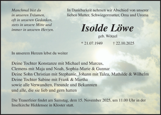 Traueranzeige von Isolde Löwe von Ostsee-Zeitung GmbH