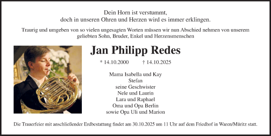 Traueranzeige von Jan Philipp Redes von Ostsee-Zeitung GmbH