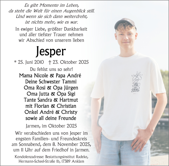 Traueranzeige von Jesper  von Ostsee-Zeitung GmbH