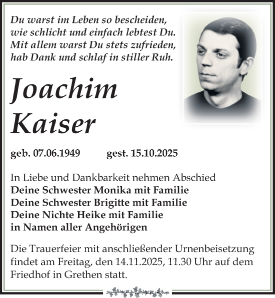 Traueranzeige von Joachim Kaiser von Leipziger Volkszeitung