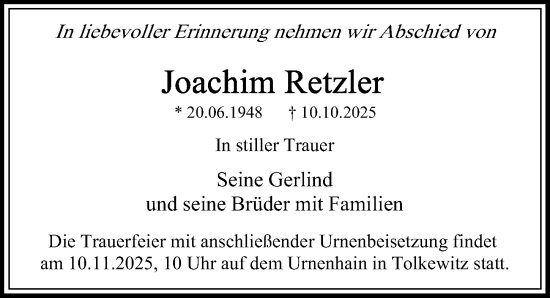 Traueranzeige von Joachim Retzler von Sächsische Zeitung