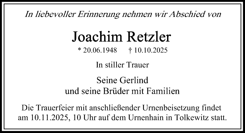  Traueranzeige für Joachim Retzler vom 18.10.2025 aus Sächsische Zeitung