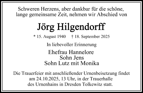 Traueranzeige von Jörg Hilgendorff von Sächsische Zeitung