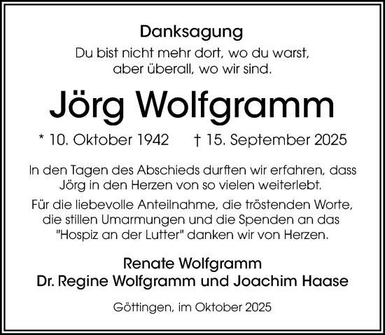 Traueranzeige von Jörg Wolfgramm von Göttinger Tageblatt