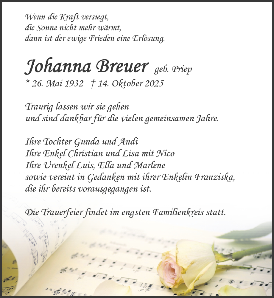  Traueranzeige für Johanna Breuer vom 25.10.2025 aus Ostsee-Zeitung GmbH