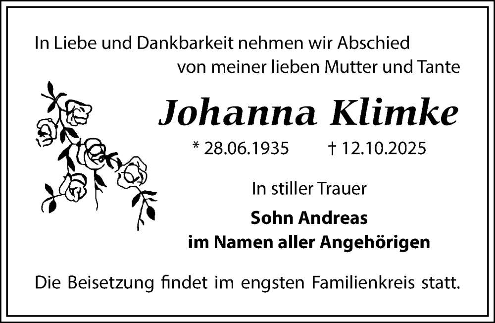 Traueranzeige für Johanna Klimke vom 25.10.2025 aus Sächsische Zeitung