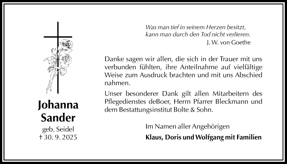  Traueranzeige für Johanna Sander vom 01.11.2025 aus Täglicher Anzeiger Holzminden