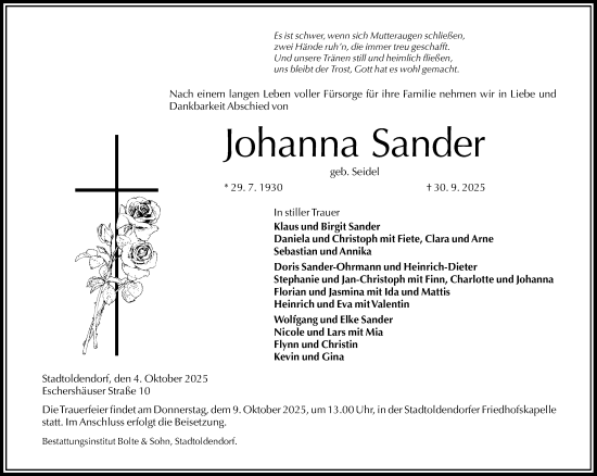 Traueranzeige von Johanna Sander von Täglicher Anzeiger Holzminden