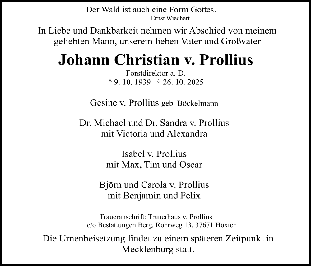 Traueranzeige für Johann Christian v. Prollius vom 01.11.2025 aus Täglicher Anzeiger Holzminden