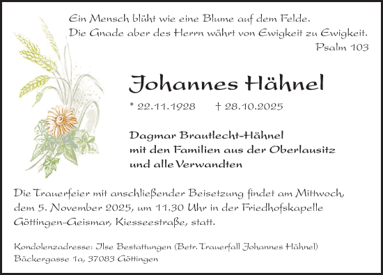 Traueranzeige von Johannes Hähnel von Göttinger Tageblatt
