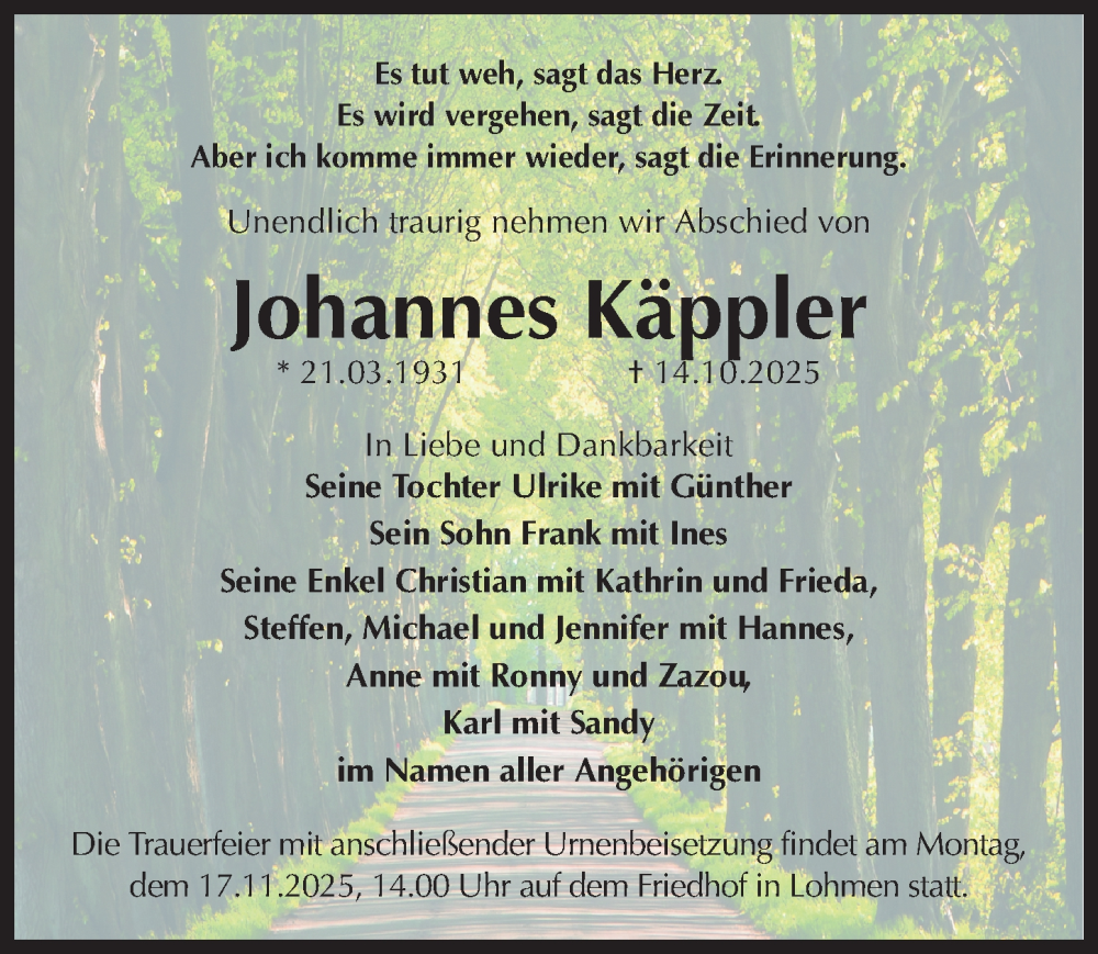  Traueranzeige für Johannes Käppler vom 01.11.2025 aus Sächsische Zeitung