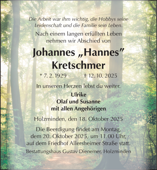 Traueranzeige von Johannes Kretschmer von Täglicher Anzeiger Holzminden