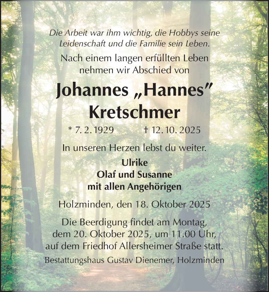  Traueranzeige für Johannes Kretschmer vom 18.10.2025 aus Täglicher Anzeiger Holzminden