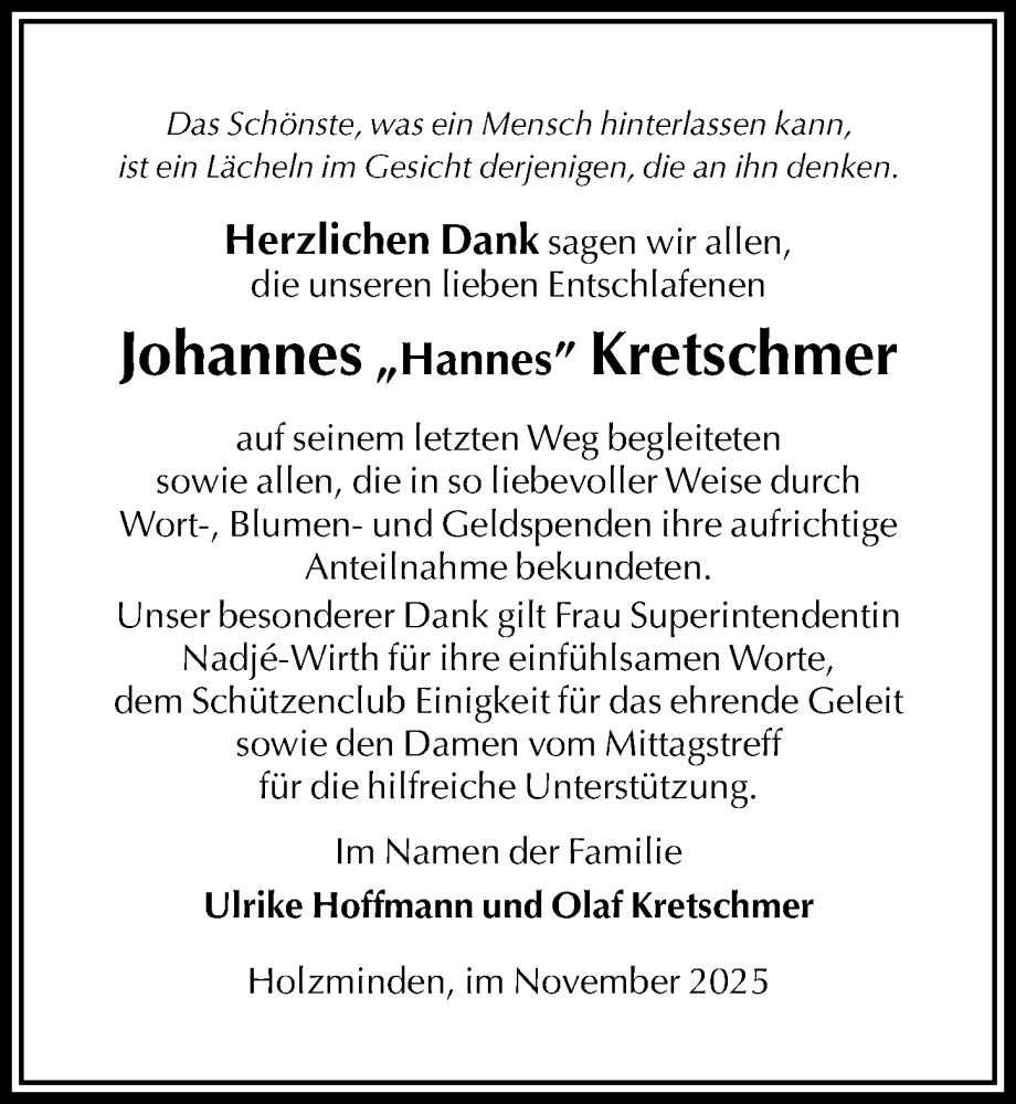  Traueranzeige für Johannes Kretschmer vom 01.11.2025 aus Täglicher Anzeiger Holzminden