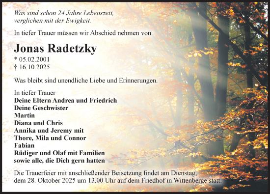 Traueranzeige von Jonas Radetzky von Wochenspiegel