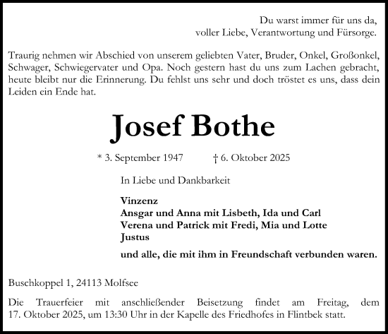 Traueranzeige von Josef Bothe von Kieler Nachrichten