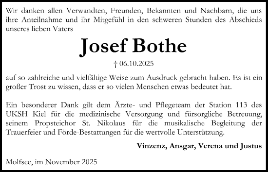 Traueranzeige von Josef Bothe von Kieler Nachrichten