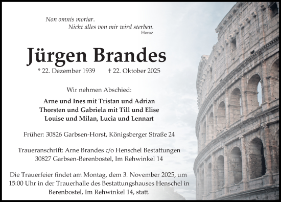 Traueranzeige von Jürgen Brandes von Hannoversche Allgemeine Zeitung/Neue Presse