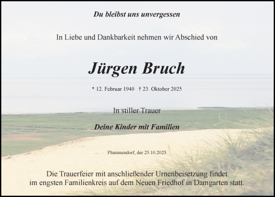 Traueranzeige von Jürgen Bruch von Ostsee-Zeitung GmbH